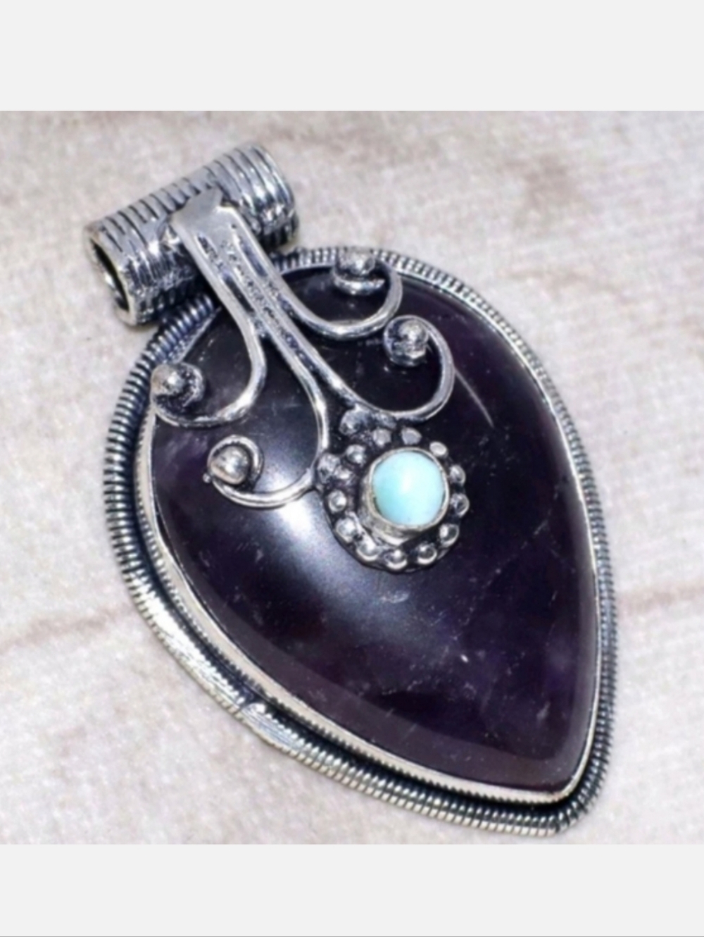 Amethyst, Larimar Gemstone 925 Sterling Silver Handmade Cap Pendant Necklace